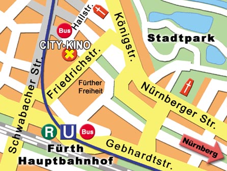 Lageplan des City-Kinos in der Rudolf-Breitscheid-Strae 14 in 90762 Frth ©Parabol